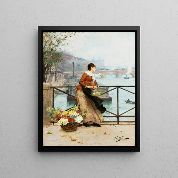 The Flower Seller on the Pont des Arts in Paris - Victor Gabriel Gilbert — framed artwork on a wall