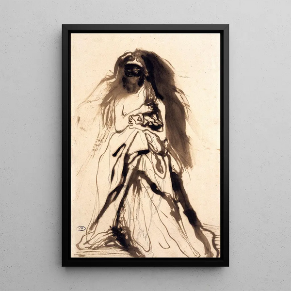 Woman with Mask Holding Her Coat - Victor Hugo — framed artwork on a wall