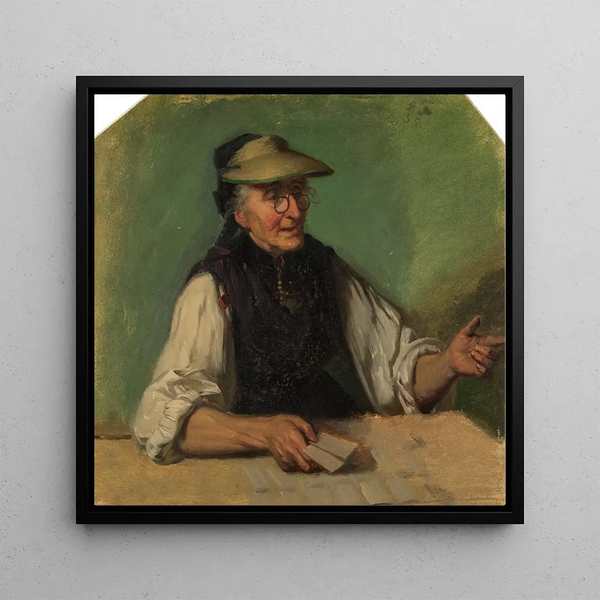 Old Black Forest Woman with an eye shadow and playing cards in her right hand sitting behind a table - Johann Baptist Kirner — framed artwork on a wall