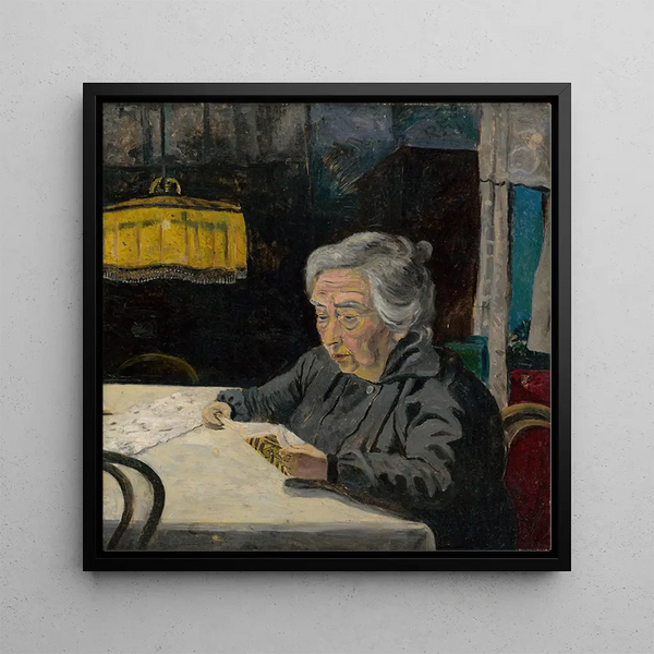 Old lady reading - Arnold Peter Weisz-Kubnan — framed artwork on a wall