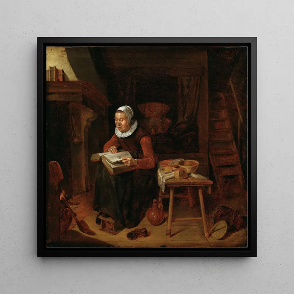 Old woman reading the Bible - Quirijn Van Brekelenkam — framed artwork on a wall