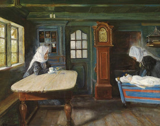 Interior farm scene with child in cradle - Viggo Johansen — artwork view