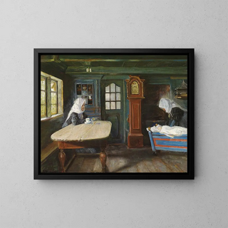 Interior farm scene with child in cradle - Viggo Johansen — framed artwork on a wall