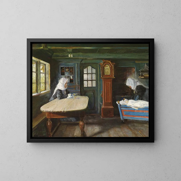 Interior farm scene with child in cradle - Viggo Johansen — framed artwork on a wall
