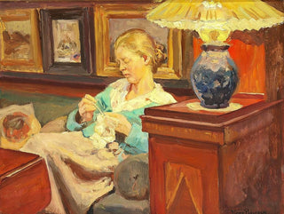 Interior with the artist's wife crocheting - Viggo Pedersen — artwork view