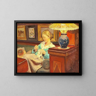 Interior with the artist's wife crocheting - Viggo Pedersen — framed artwork on a wall
