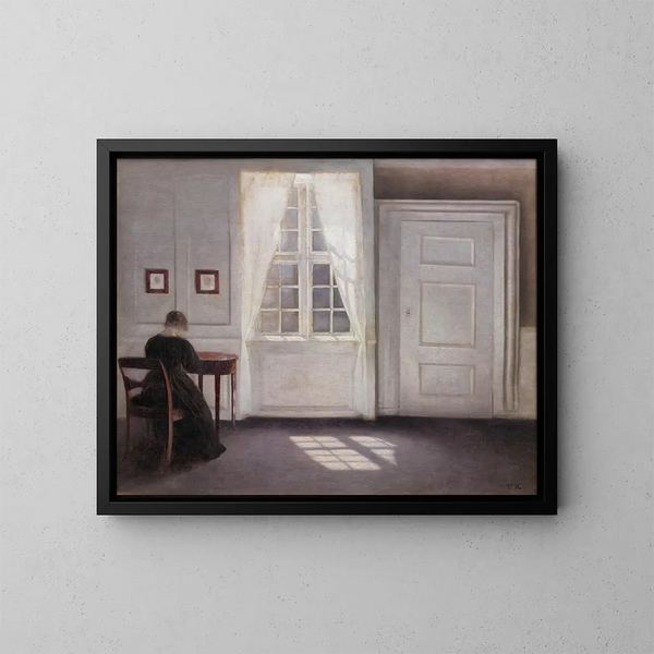 a room in the artist's house at Strandgade, Copenhagen, with the artist's wife - Vilhelm Hammershøi — framed artwork on a wall