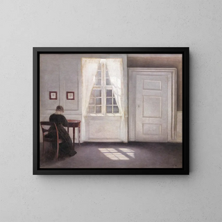 Interior painting at Strandgade, sunlight on the floor - Vilhelm Hammershøi — framed artwork on a wall