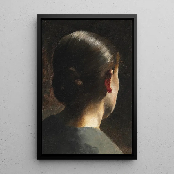 Portrait painting of the artist's sister, Anna Hammershøi, seen from behind - Vilhelm Hammershøi — framed artwork on a wall