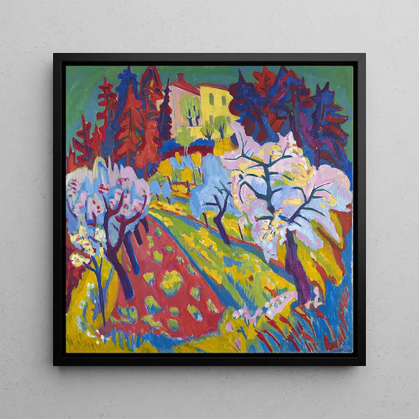 Villa Loverciana with flowering trees - Hermann Scherer — framed artwork on a wall