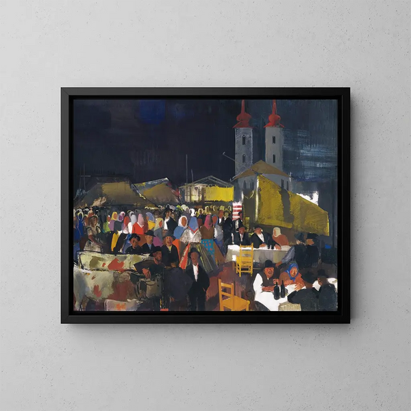 Figures dans un marché de village - Vilmos Aba-Novák — framed artwork on a wall