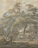 Farmyard painting with two men loading a cradle onto a cart pulled by horses - Vincent Jansz van der Vinne — artwork view