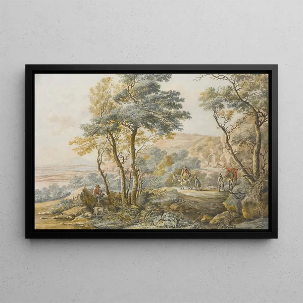 Italianate landscape painting with travelers after Jan Both - Vincent Jansz van der Vinne — framed artwork on a wall