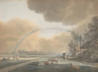 Landscape painting with a rainbow above a farm and a distant village - Vincent Jansz van der Vinne — artwork view