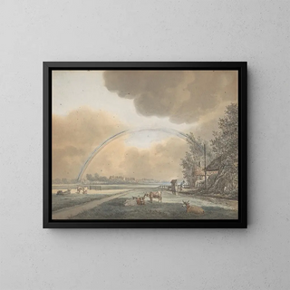 Landscape painting with a rainbow above a farm and a distant village - Vincent Jansz van der Vinne — framed artwork on a wall