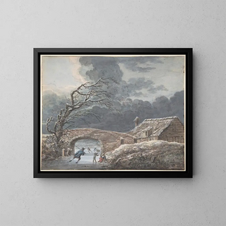 Winter landscape painting with skaters on a frozen canal - Vincent Jansz van der Vinne — framed artwork on a wall