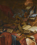 a vanitas still life with a flute, a skull, sheet music, a gold crown, a dagger, shells, and other objects, all arranged on a partially draped table. - Vincent Laurensz van der Vinne I. — artwork view