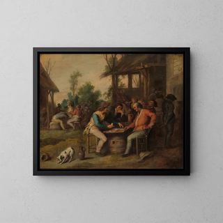 Two men arguing over cards in front of a country inn - Vincent Mal II — framed artwork on a wall