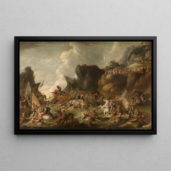 Pharaoh and His Army Engulfed in the Red Sea - Vincent Malo — framed artwork on a wall
