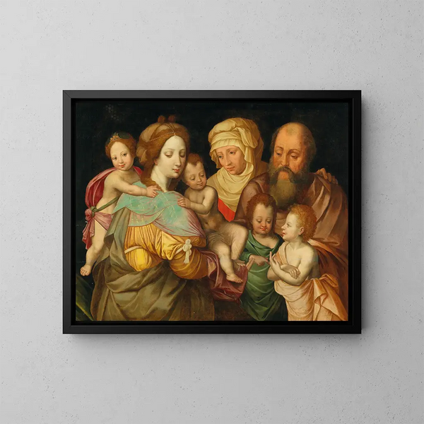 The Holy Kinship: Anne and Joachim with Mary Cleophas and her four sons - Vincent Sellaer — framed artwork on a wall