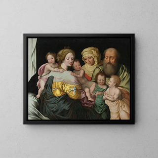 The Virgin and Child with Saint Elizabeth and other members of the Holy Family - Vincent Sellaer — framed artwork on a wall