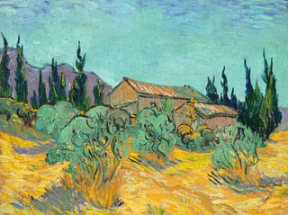 Cabanes en bois parmi les oliviers et les cyprès - Vincent van Gogh — artwork view