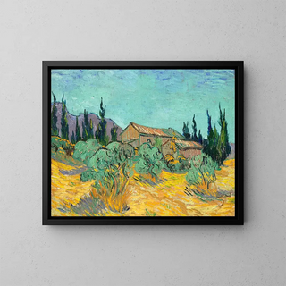 Cabanes en bois parmi les oliviers et les cyprès - Vincent van Gogh — framed artwork on a wall