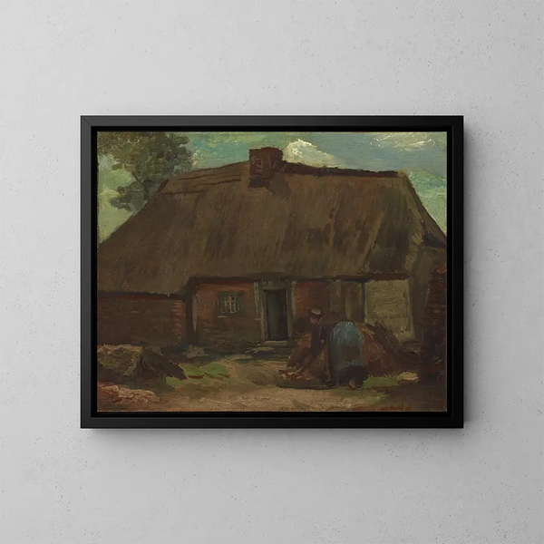 Cottage with peasant woman digging - Vincent van Gogh — framed artwork on a wall