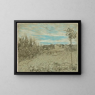 Cottages with a woman working in the middle of the landscape - Vincent van Gogh — framed artwork on a wall