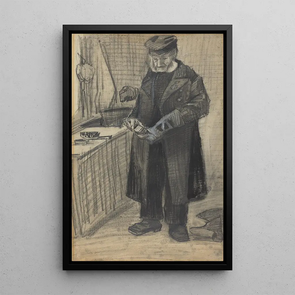 Man polishing a boot - Vincent van Gogh — framed artwork on a wall
