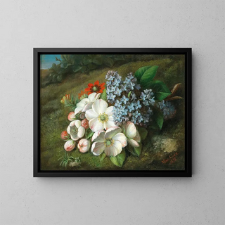 Apple blossom with lilacs and summer adonis - Vincenz Loos — framed artwork on a wall