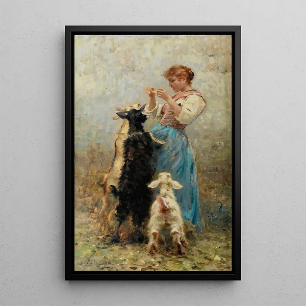 Young woman feeding goats - Vincenzo Caprile — framed artwork on a wall