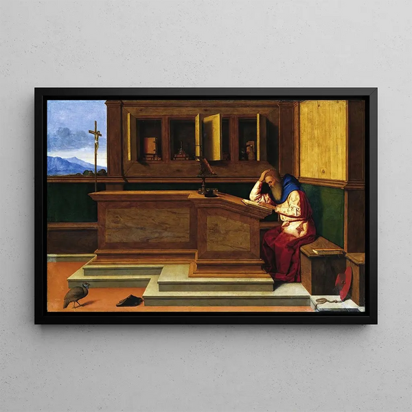 Saint Jerome in his study - Vincenzo Catena — framed artwork on a wall