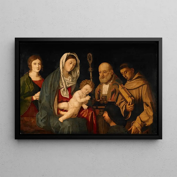 Virgin and Child with Saints and a Donor - Vincenzo Catena — framed artwork on a wall