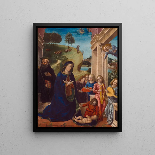 Adoration of the Child with Saint Benedict and angels - Vincenzo Foppa — framed artwork on a wall