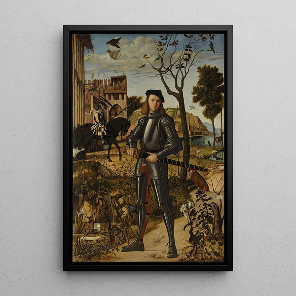 Young knight in a landscape - Vittore Carpaccio — framed artwork on a wall