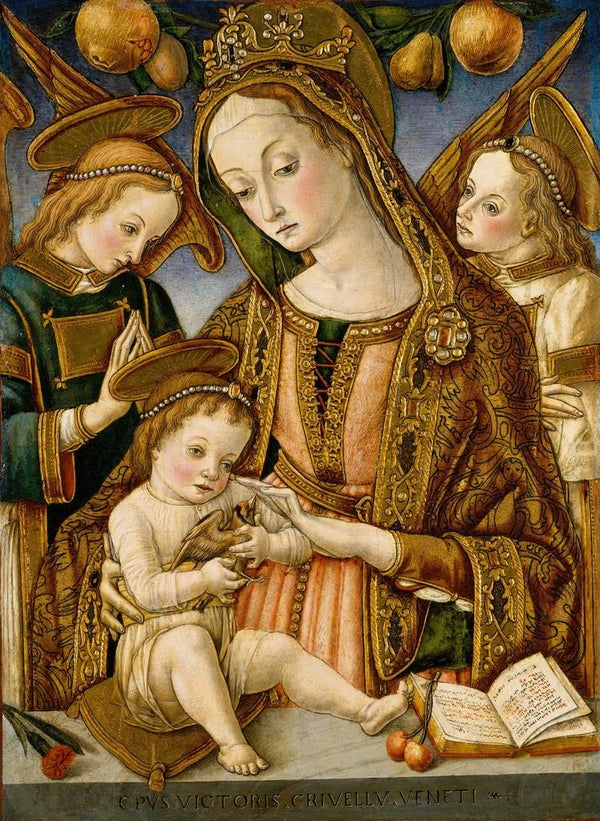 Madonna and Child with Two Angels - Vittore Crivelli — framed artwork on a wall