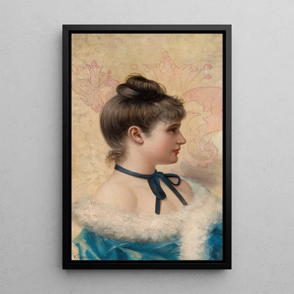 Portrait of a young beauty in profile - Vittorio Matteo Corcos — framed artwork on a wall
