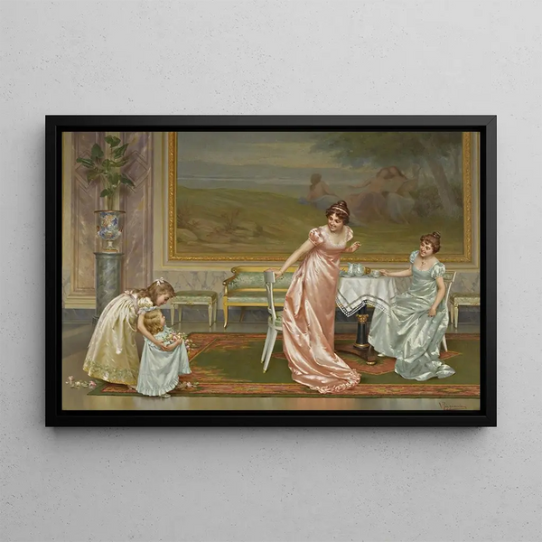 La Partie de thé - Vittorio Reggianini — framed artwork on a wall