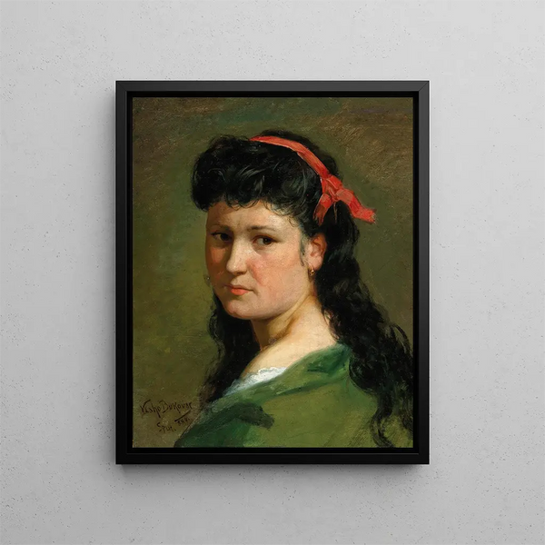 Portrait of a Lady with a Red Headband - Vlaho Bukovac — framed artwork on a wall