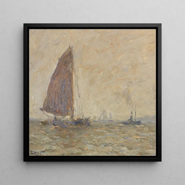 Sailboat and boat on the Elbe - Henning Edens — framed artwork on a wall