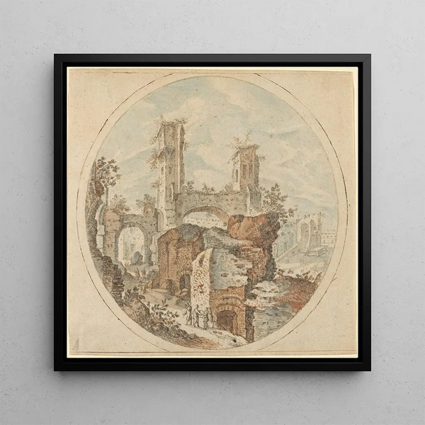 Voyageurs parmi des ruines romaines - Pieter Stevens — framed artwork on a wall