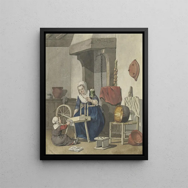 Interior painting with a woman spinning with a child - W. Barthautz — framed artwork on a wall