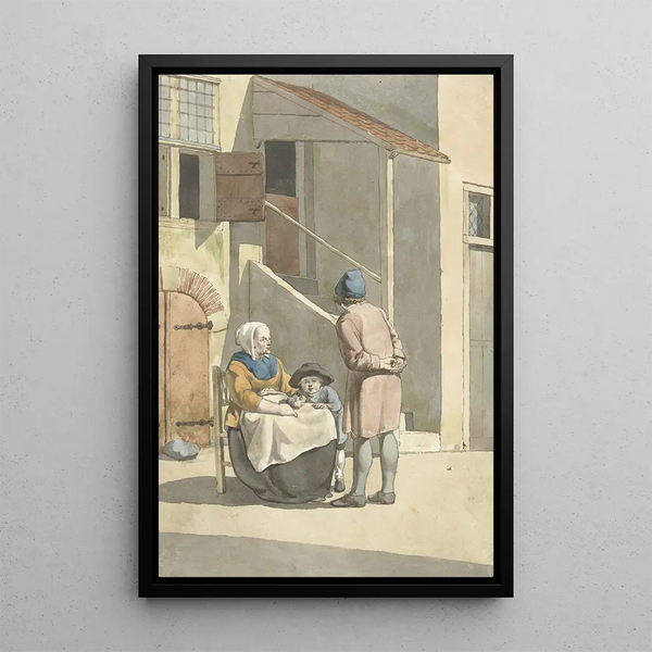 Boy and woman with child in front of a house - W. Barthautz — framed artwork on a wall