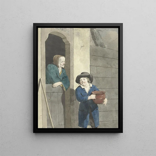 Boy with a pot near a woman leaning on a door in the lower part - W. Barthautz — framed artwork on a wall