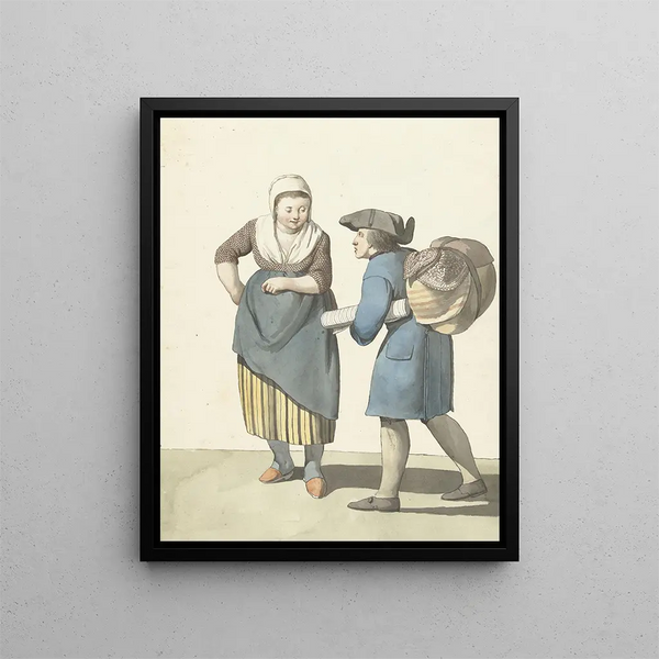 a fabric seller negotiating with a woman - W. Barthautz — framed artwork on a wall