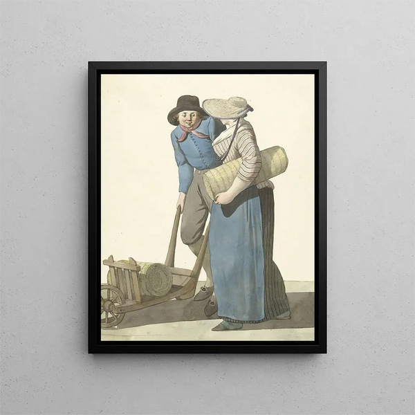 Femme next to a man with a wheelbarrow - W. Barthautz — framed artwork on a wall
