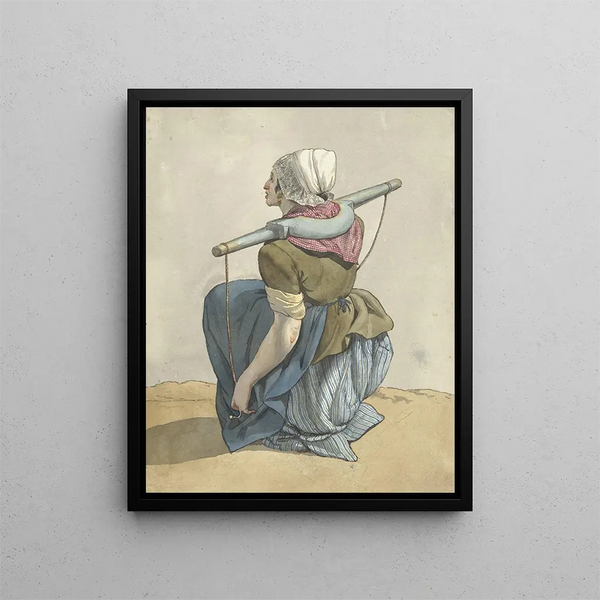 Woman sitting with a yoke on her shoulders - W. Barthautz — framed artwork on a wall