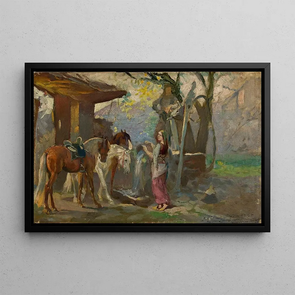 Horses at the Water Point Sketch - Wacław Pawliszak — framed artwork on a wall