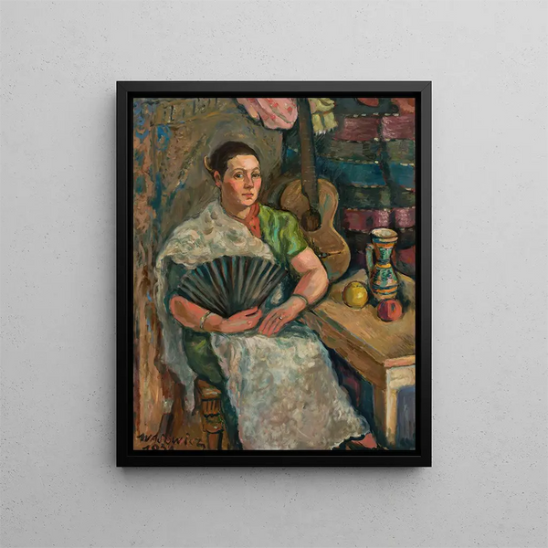 a Woman with a Fan - Wacław Wśowicz — framed artwork on a wall